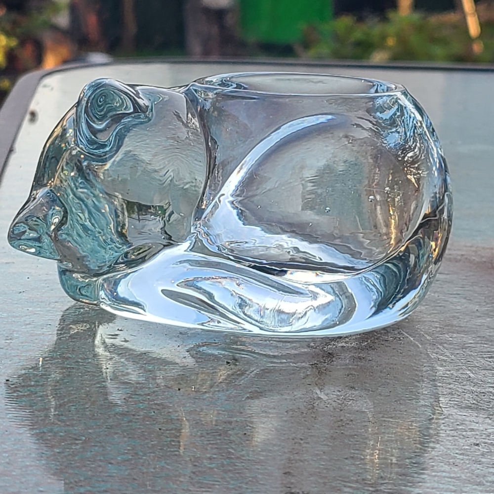 Vintage Indiana Glass Sleeping Cat Kitten 5” Candle Votive Tealight Holder